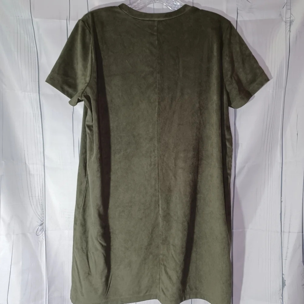 Forever 21 faux suede olive mini short-sleeve boho minimalist casual shirt dress - Picture 6 of 9